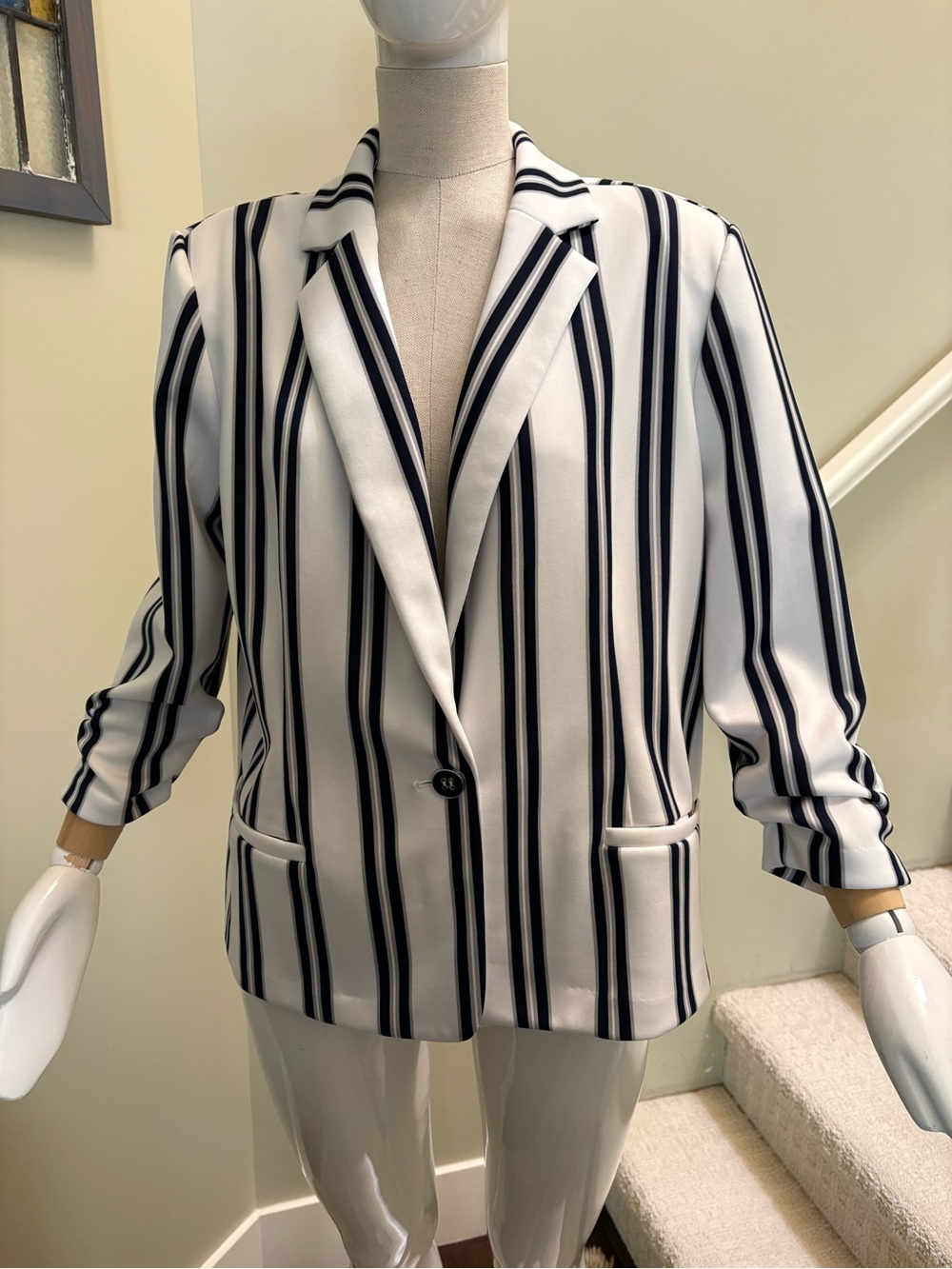 Striped Navy/White Single-Button Blazer with Stretch.  Sz XL NWOTs Summer Blazer
